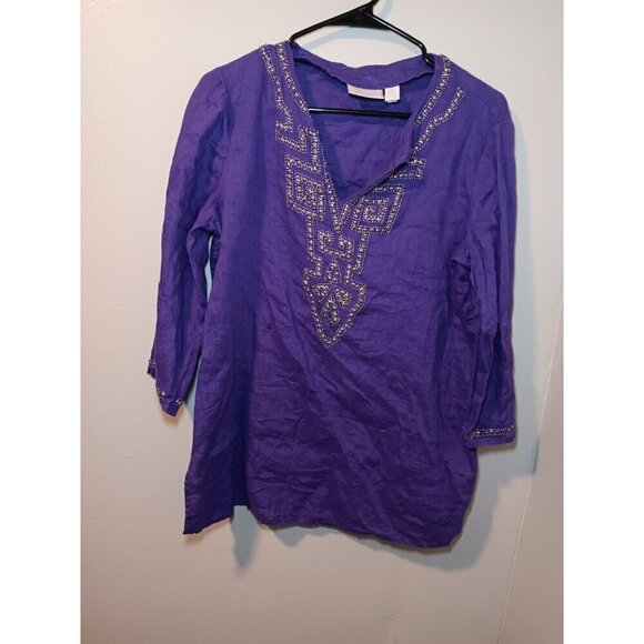 Chico's Tops - Chicos Top Womens Sz 1 Oversized Purple Linen Beaded V-Neck Casual Basic